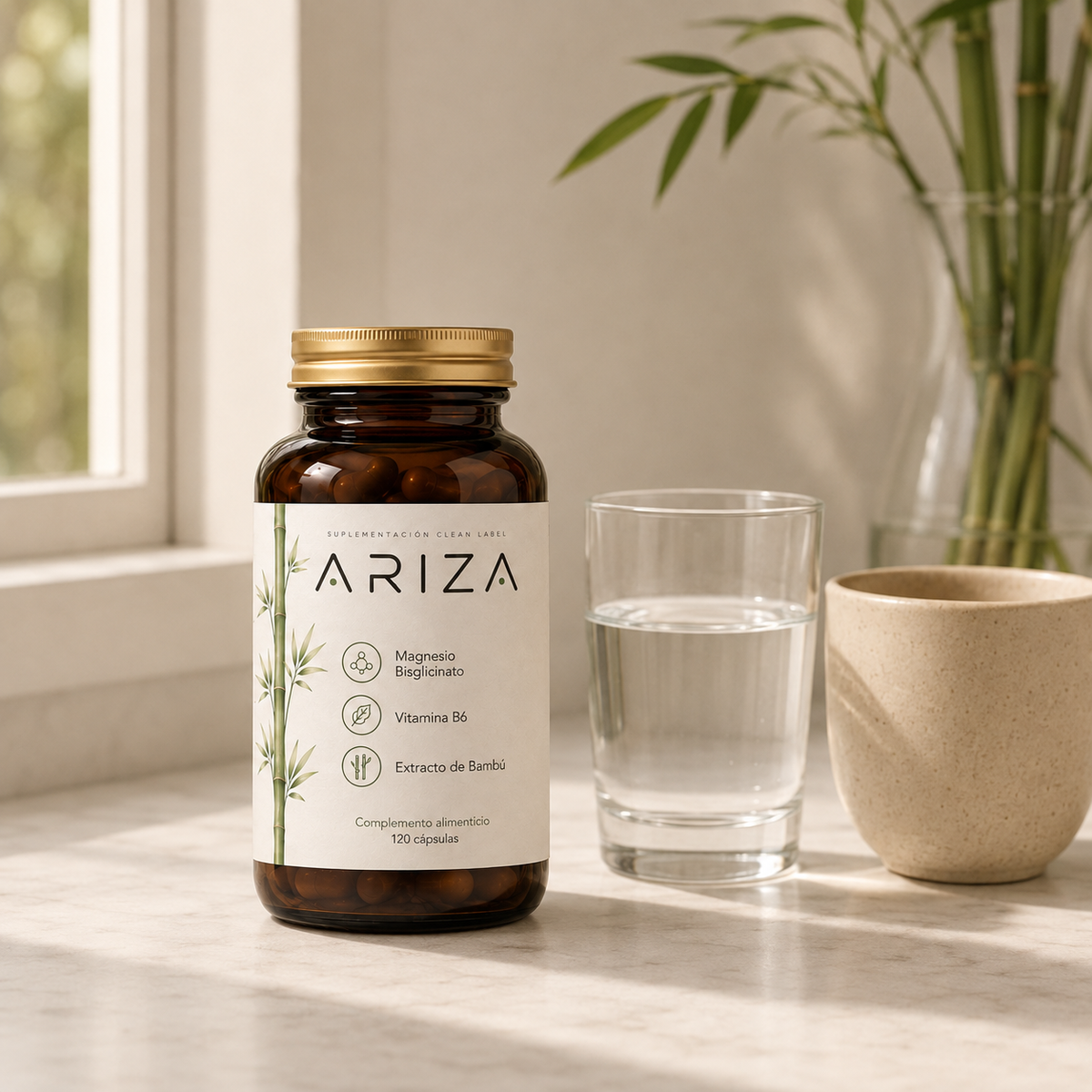 Suplemento de magnesio ARIZA sobre encimera junto a un vaso de agua