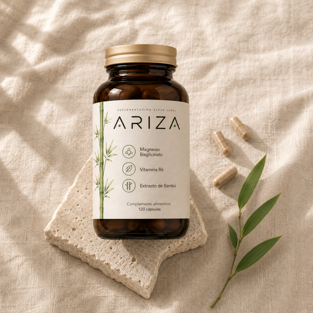Bote de cristal ámbar de magnesio bisglicinato ARIZA con vitamina B6 y extracto de bambú